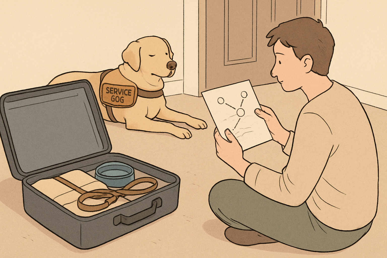 Calm travel prep scene with an open suitcase, leash and bowl packed, and the service dog resting while the handler reviews a simple plan for low-stress travel.