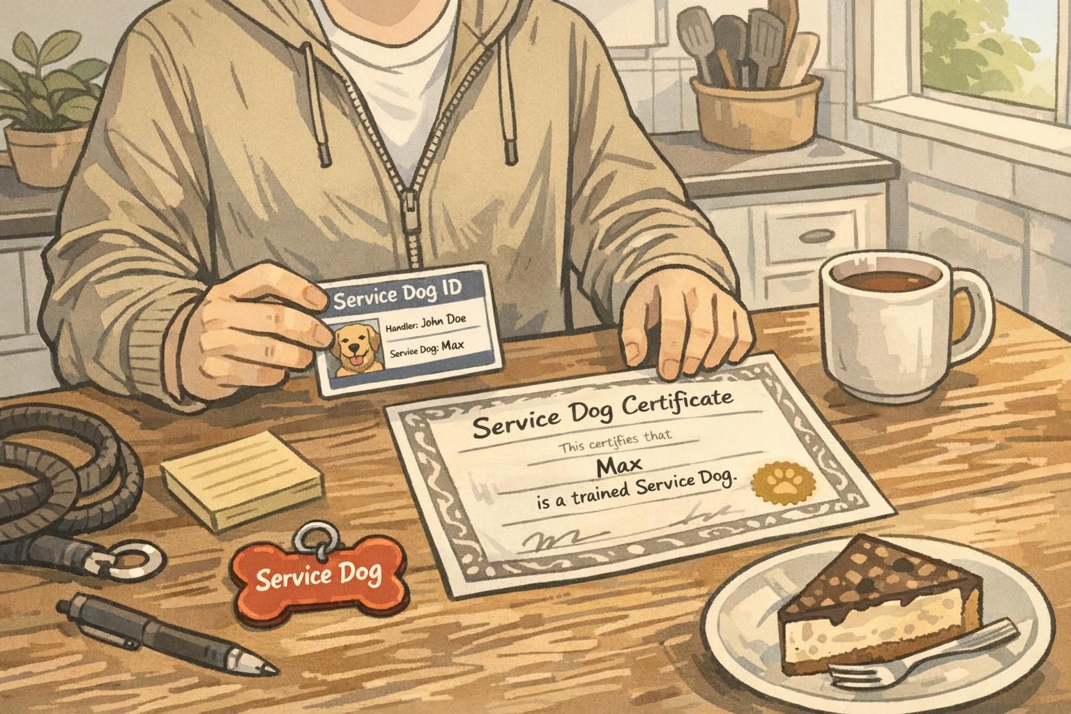 A person at a kitchen table organizes printed service dog materials, including a wallet ID card, certificate, and collar tag to prepare for everyday outings.
