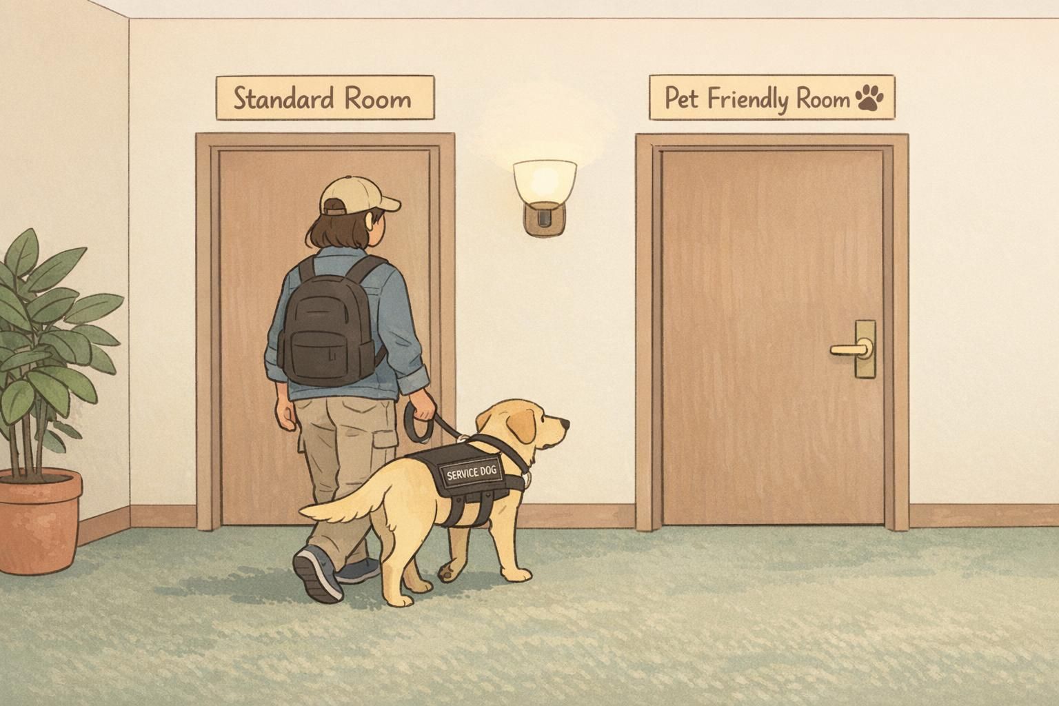 A handler and service dog walk down a hotel corridor toward a standard guest room, passing a door marked for pet-friendly rooms.