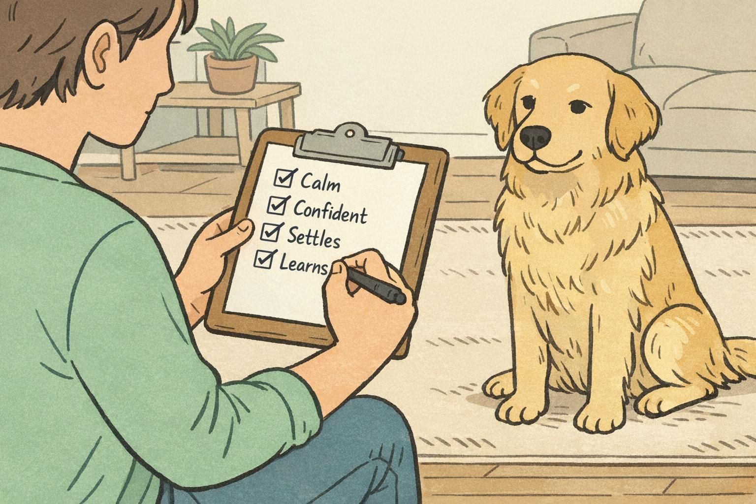 A handler reviews a short checklist on a clipboard while a calm dog sits attentively nearby, illustrating temperament and practical evaluation during selection.
