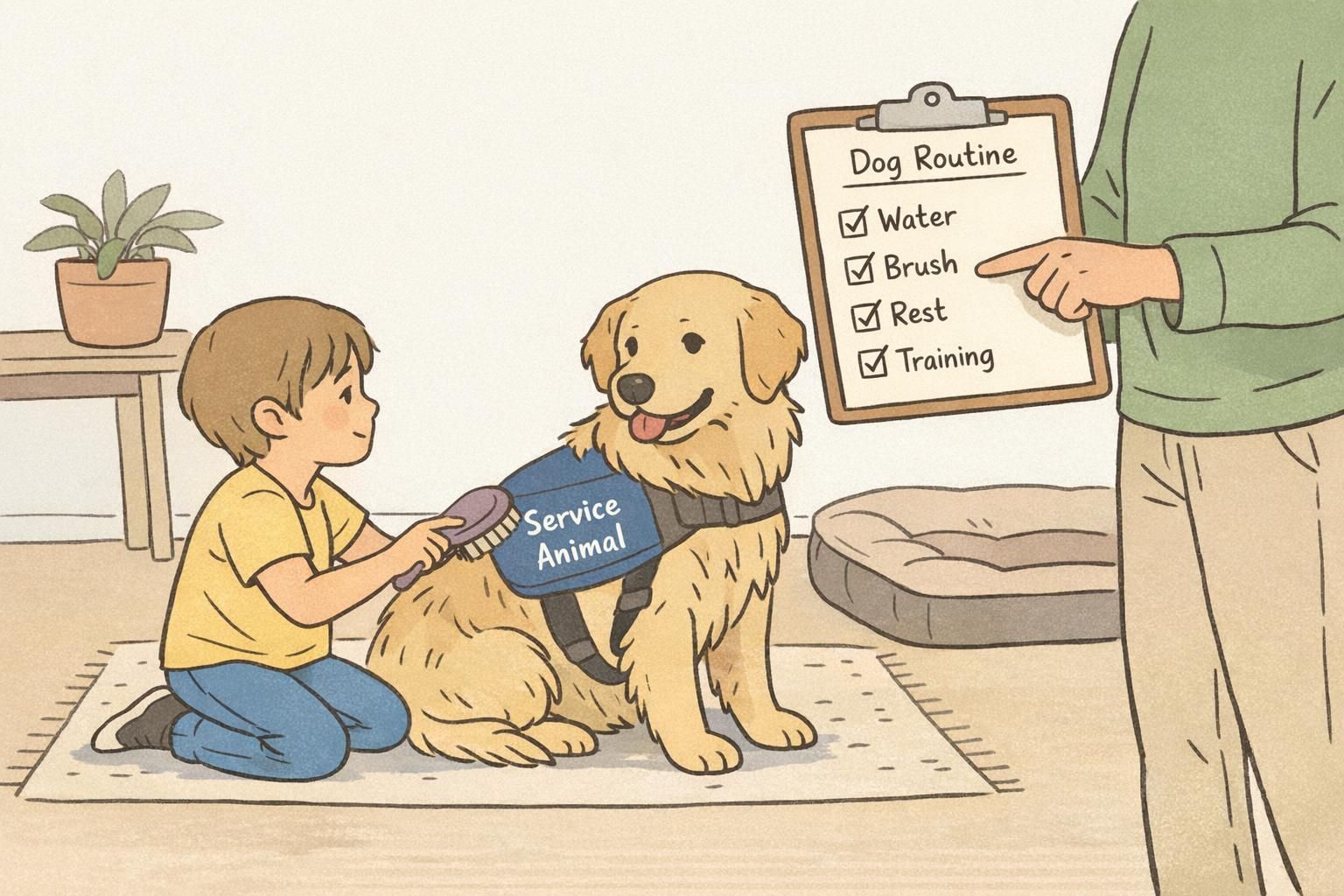 A child kneels and brushes a service dog while a parent points to a visible checklist for the dog's daily routine and care.