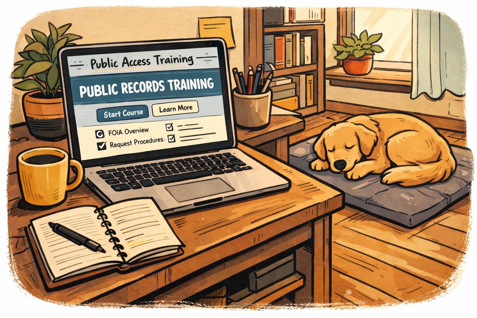 A quiet home desk scene showing a laptop open to public records training materials and a relaxed dog resting on a mat nearby.