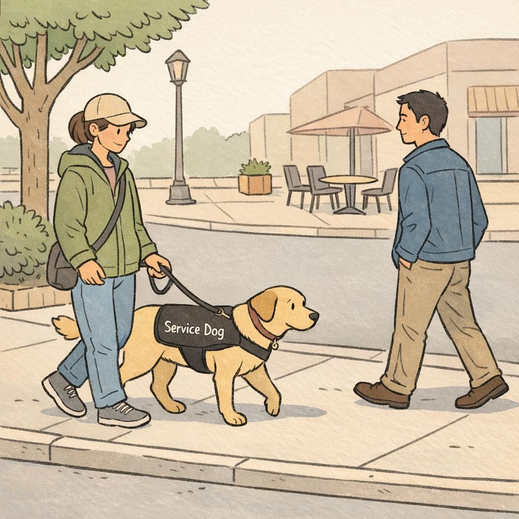 An adult handler walks a calm dog wearing a clearly labeled Service Dog vest along a morning sidewalk while a passerby gives respectful space.