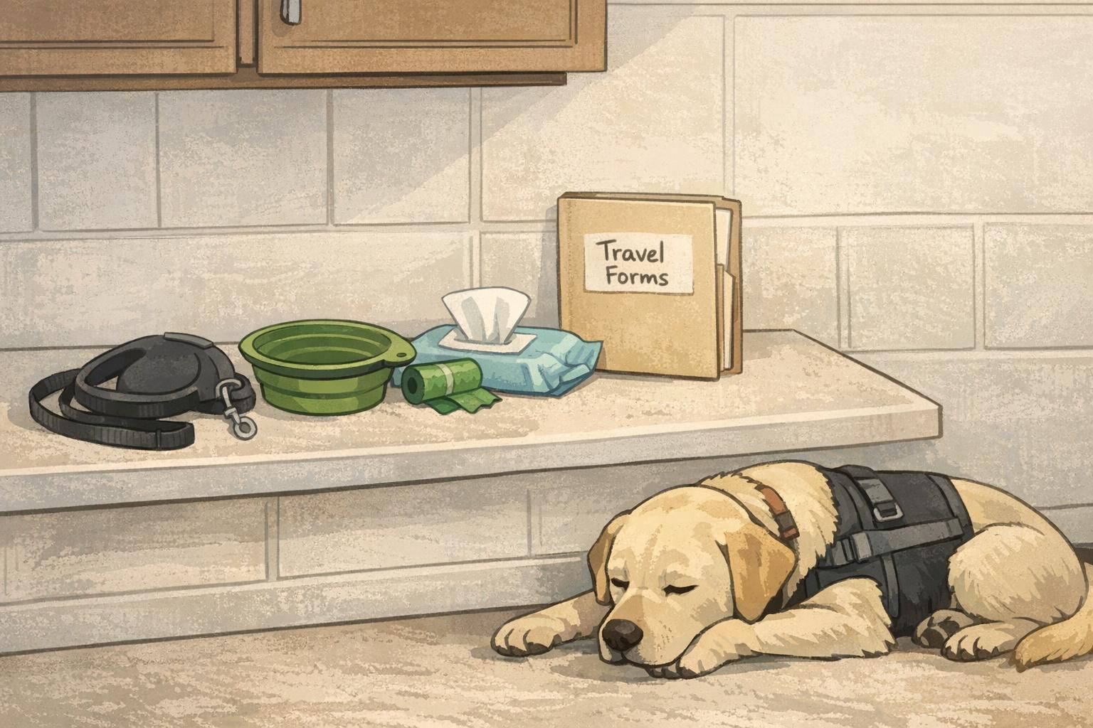 A kitchen counter staged with travel essentials — leash, collapsible bowl, waste bags, wipes, and travel forms — while a calm service dog rests nearby.