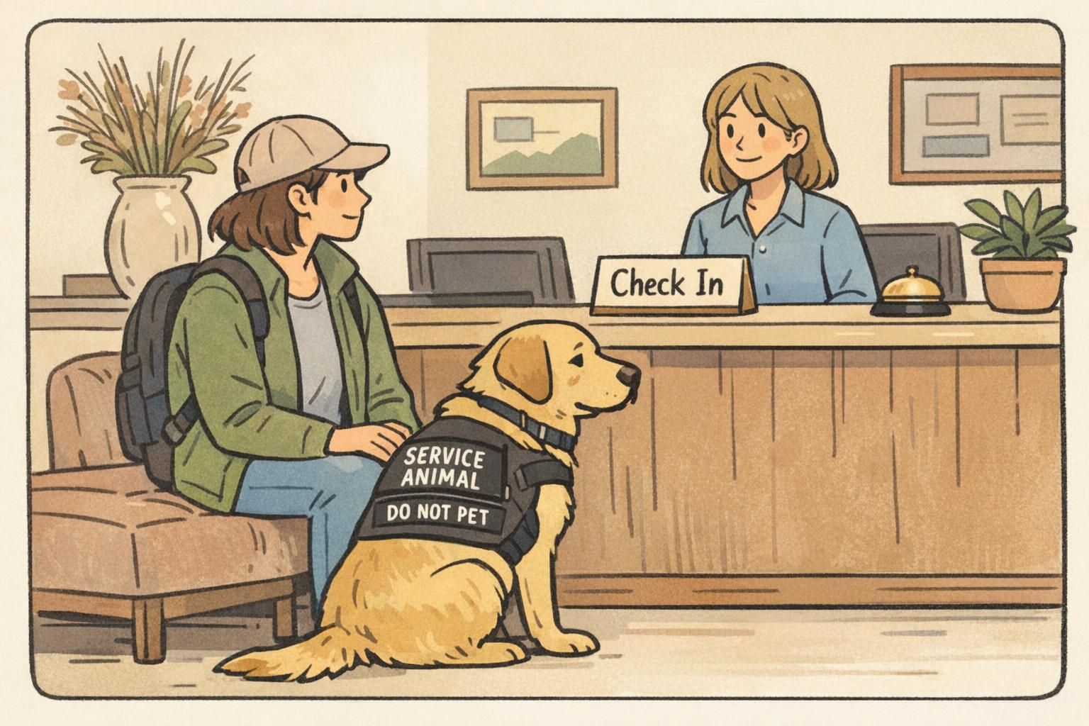 Quiet hotel lobby check-in scene with a handler and a calmly seated service dog wearing a vest labeled Service Animal and Do Not Pet while the front desk agent assists them.
