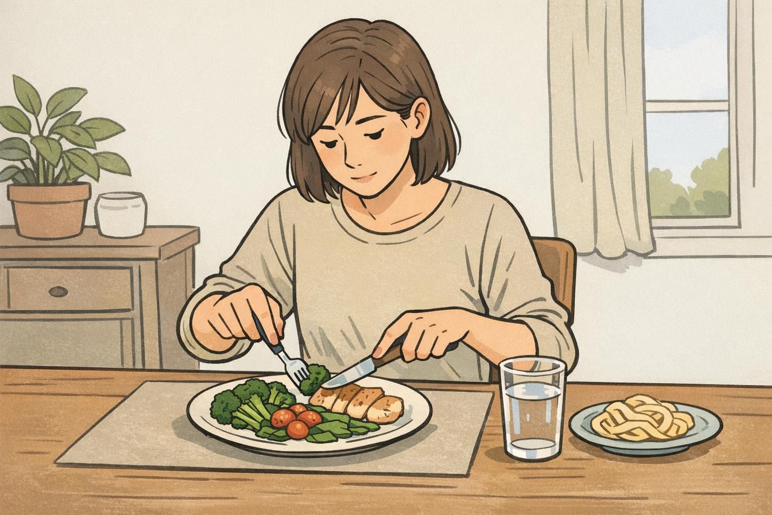 Person seated at a dining table eating non-starchy vegetables and protein first, with a small plate of carbohydrates waiting and a glass of water beside them.