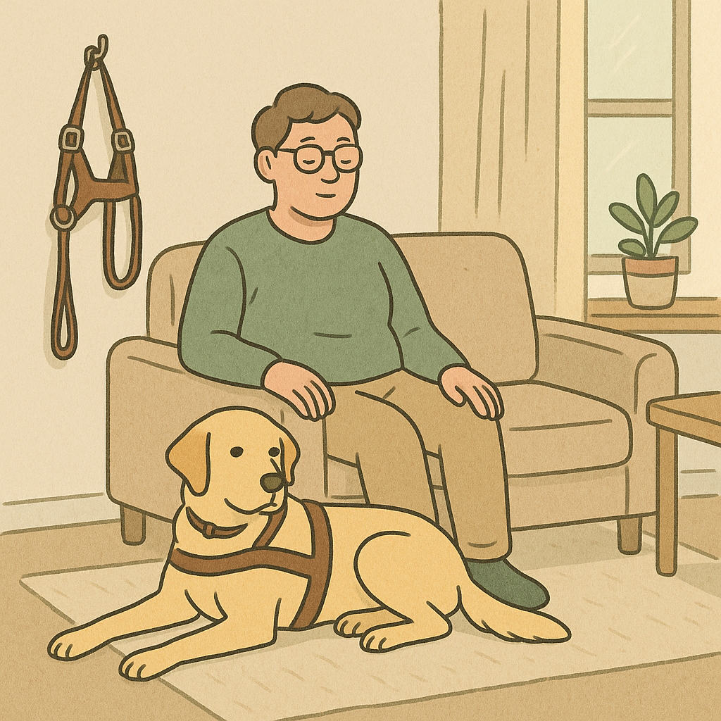 An adult handler sits on a living-room sofa with an assistance dog lying calmly in a down-stay nearby and a harness hanging on a wall hook.