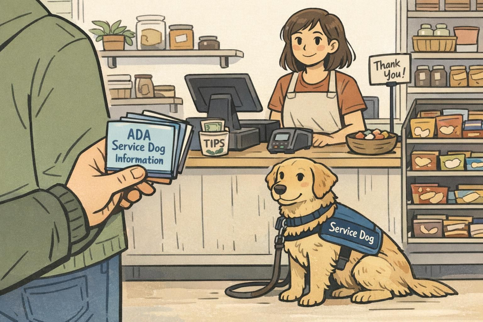 A quiet shop checkout where a caregiver holds wallet-sized ID cards while the sensory support dog sits calmly at heel, demonstrating low-key handling in public.