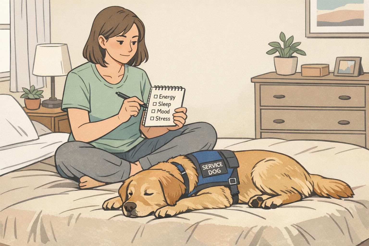 A service dog handler in a bedroom completes a short morning check-in on a notebook (energy, sleep, mood, stress) while the dog lies calmly at the foot of the bed.