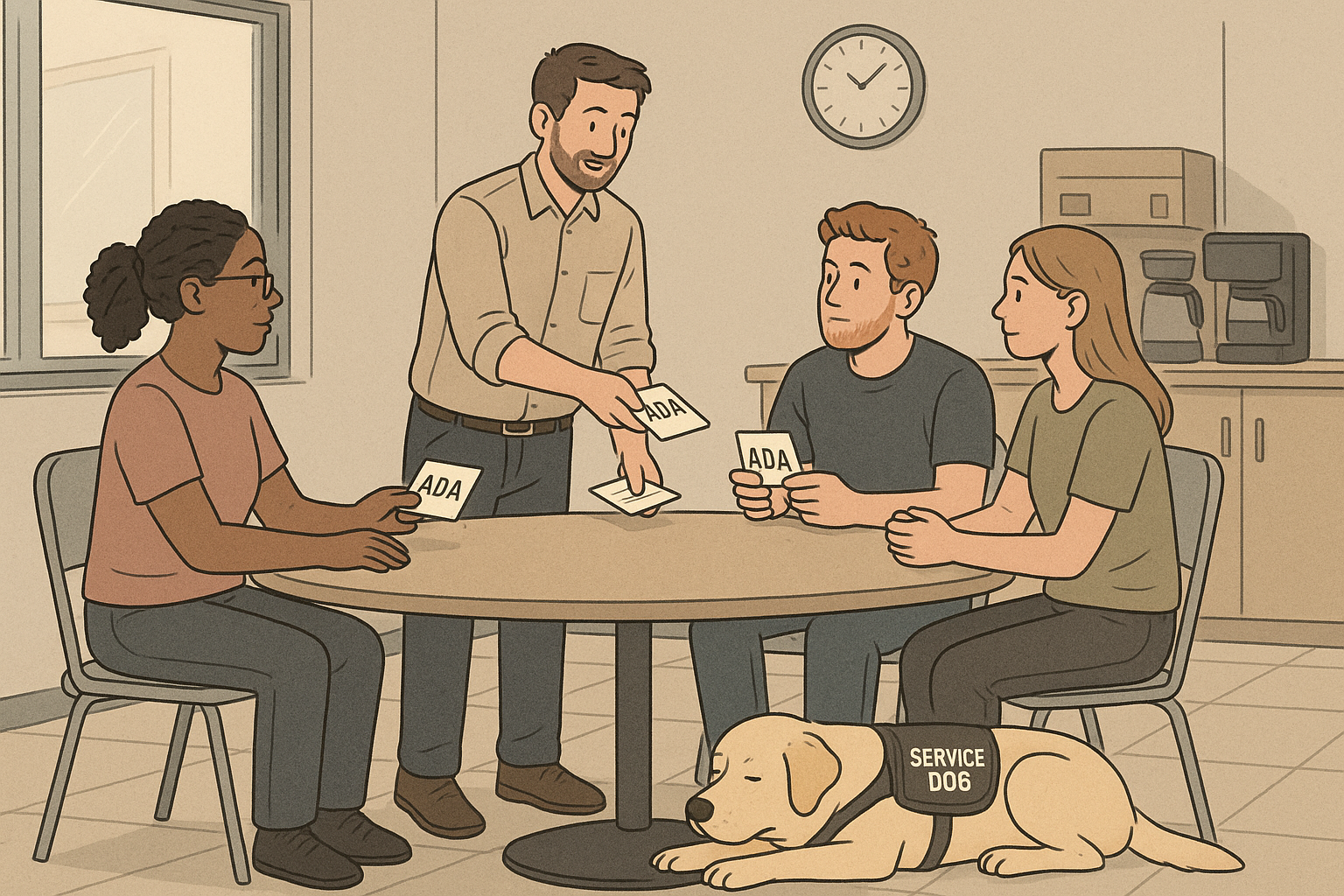 A manager distributes concise service-animal reference cards to staff around a breakroom table while a service dog lies calmly nearby.