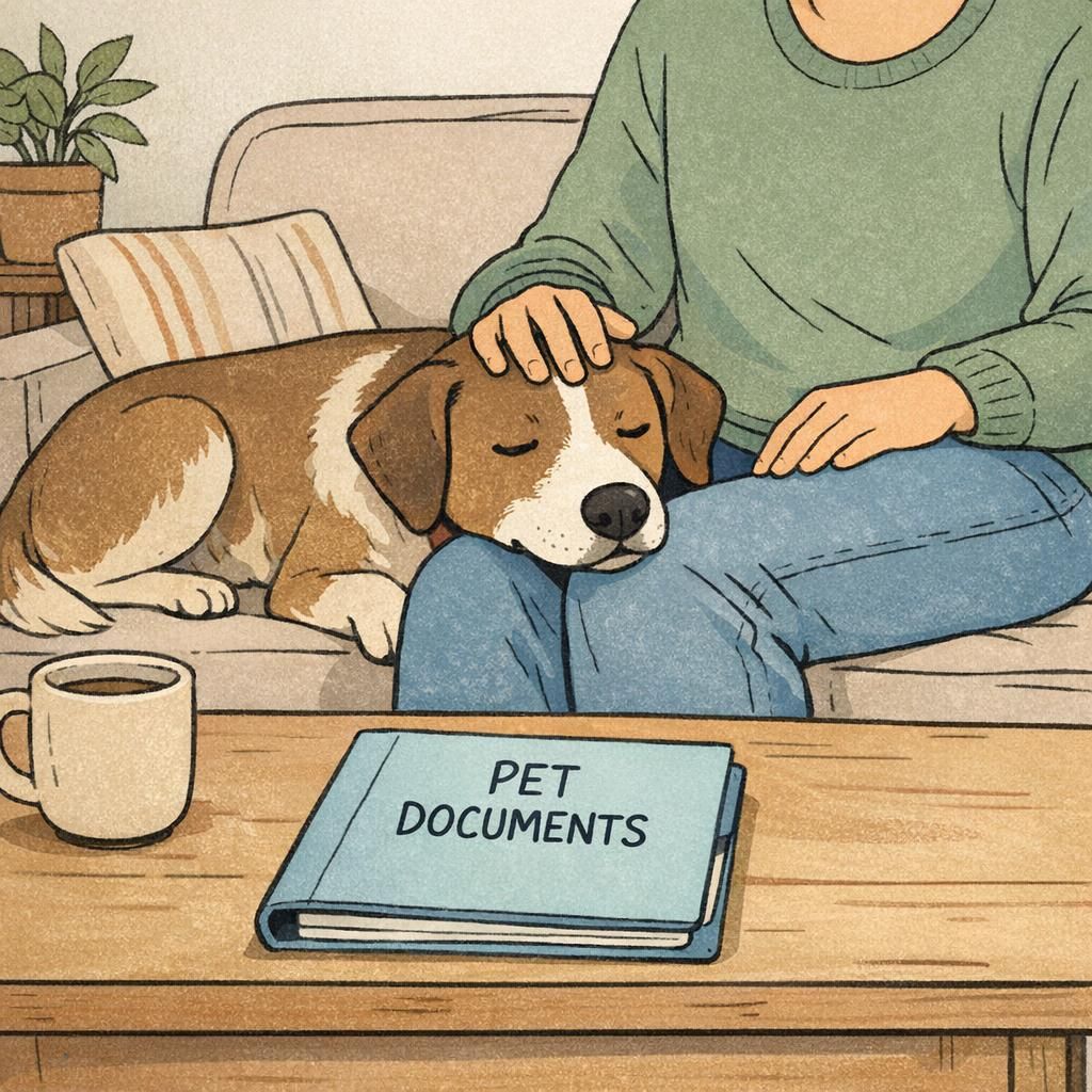 A person sits on a living room sofa with an emotional support dog resting its head on their knee next to a small folder of pet documents, conveying calm companionship and organized paperwork.
