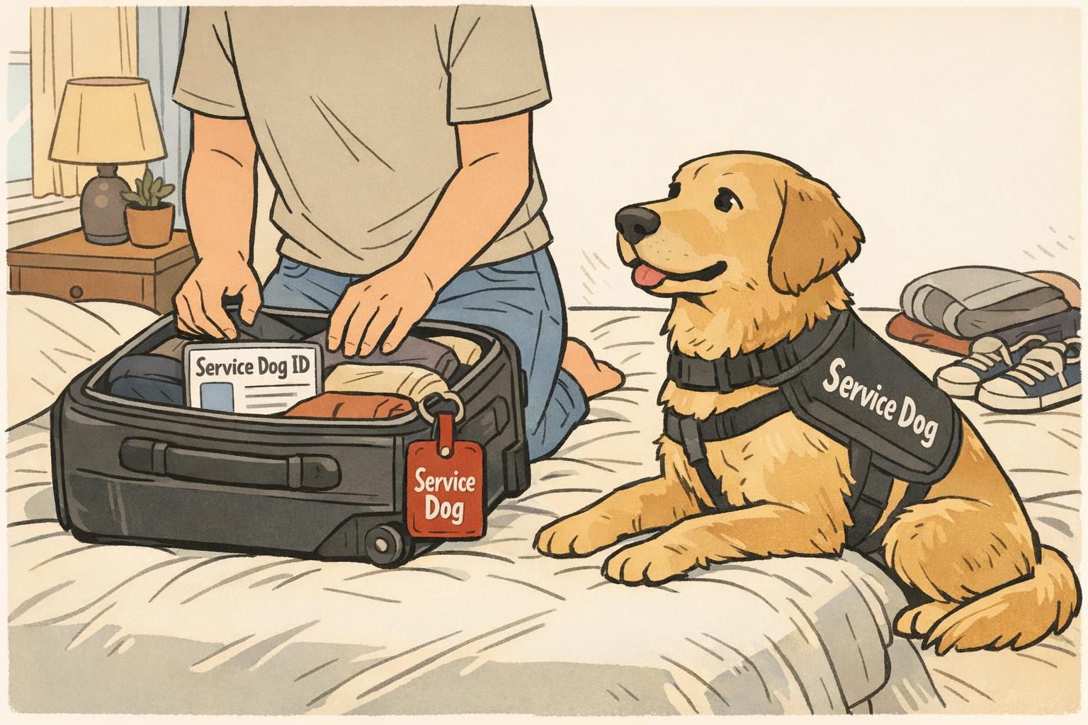 Travel-prep scene of a handler packing a small carry-on with a service dog ID card and luggage tag while the service dog waits nearby in a vest.