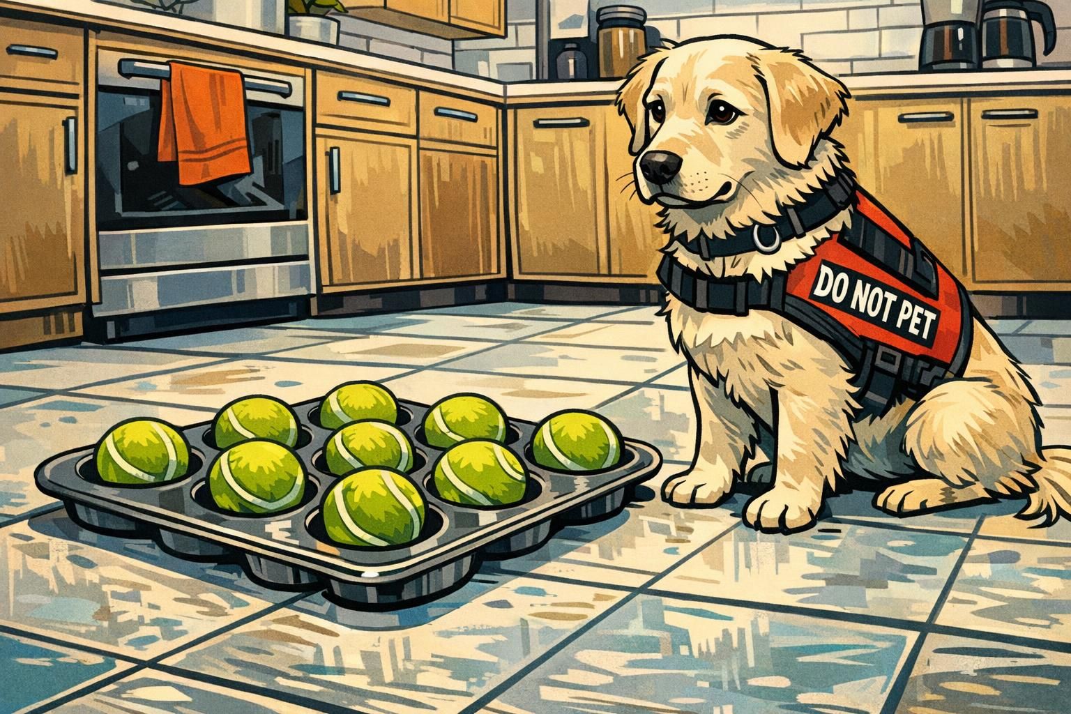 A muffin tin treat puzzle covered with tennis balls sits on a kitchen floor as a service dog watches calmly, practicing problem-solving and patient engagement.