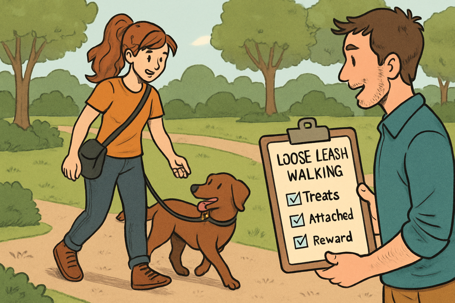 Trainer and handler practicing loose-leash walking in a quiet park while using treats and a simple checklist to reinforce calm, focused movement.