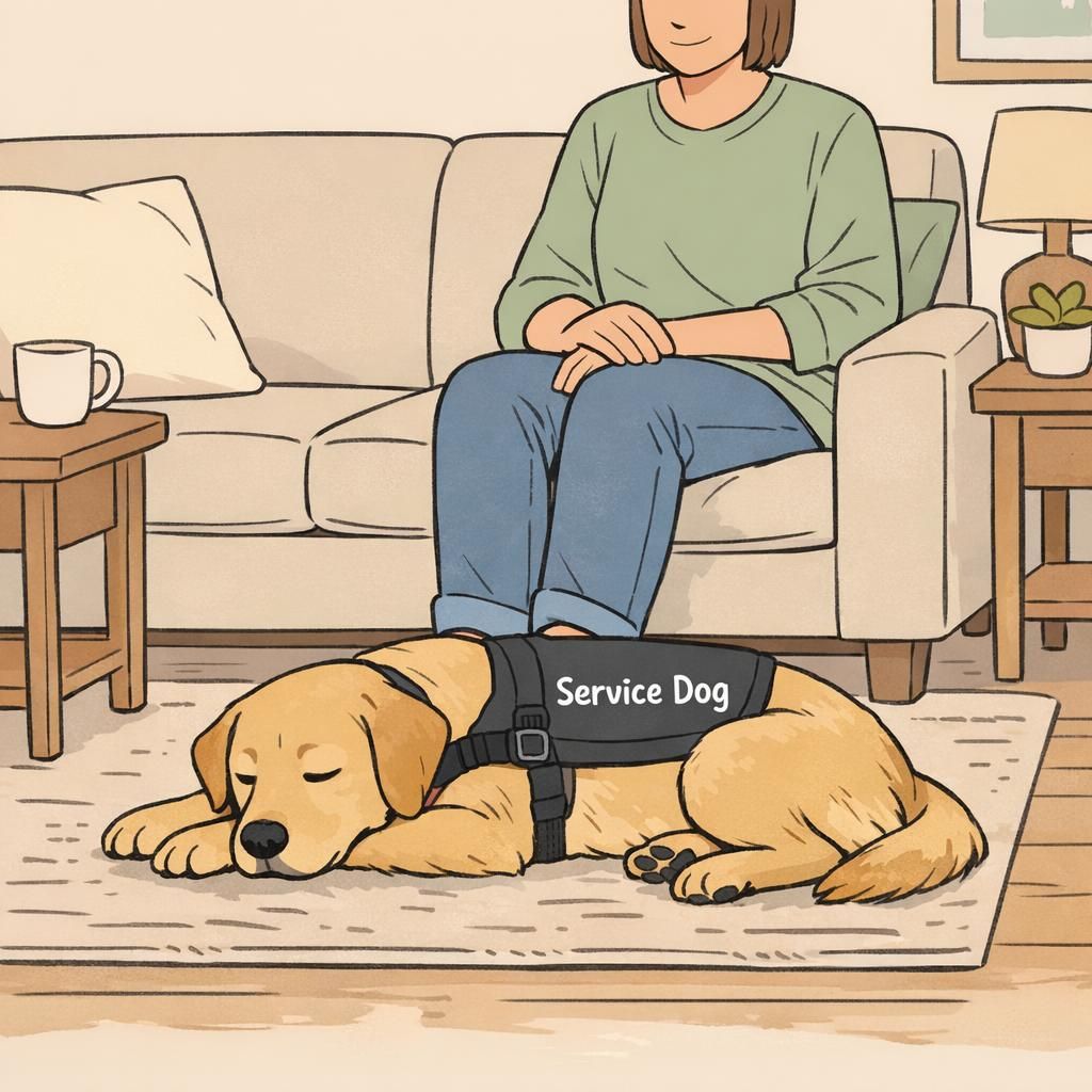 A person seated on a living room sofa with a calm service dog resting at their feet, the dog wearing a clear service vest while the pair share a quiet home moment.