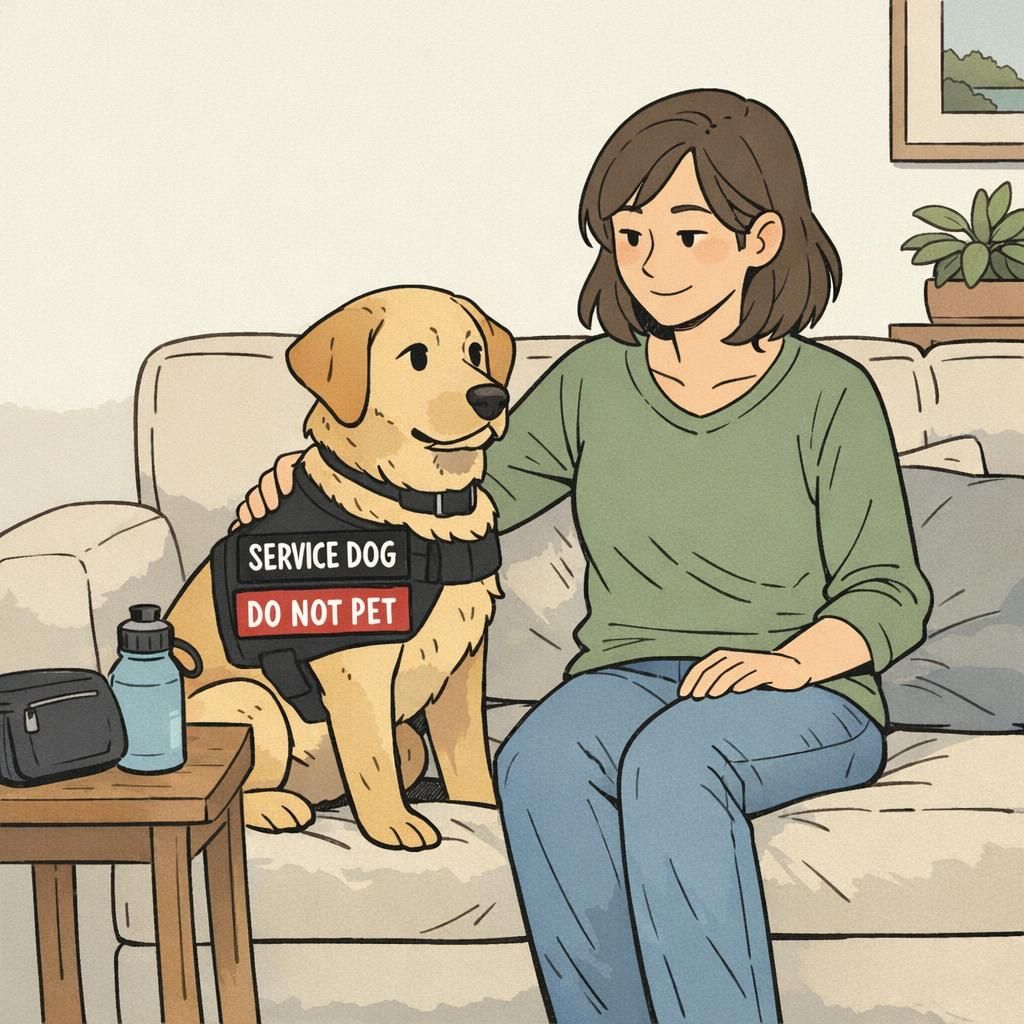 A calm handler seated in a living room next to a diabetic alert dog wearing a working vest, with a compact pouch and water bottle on a nearby table.