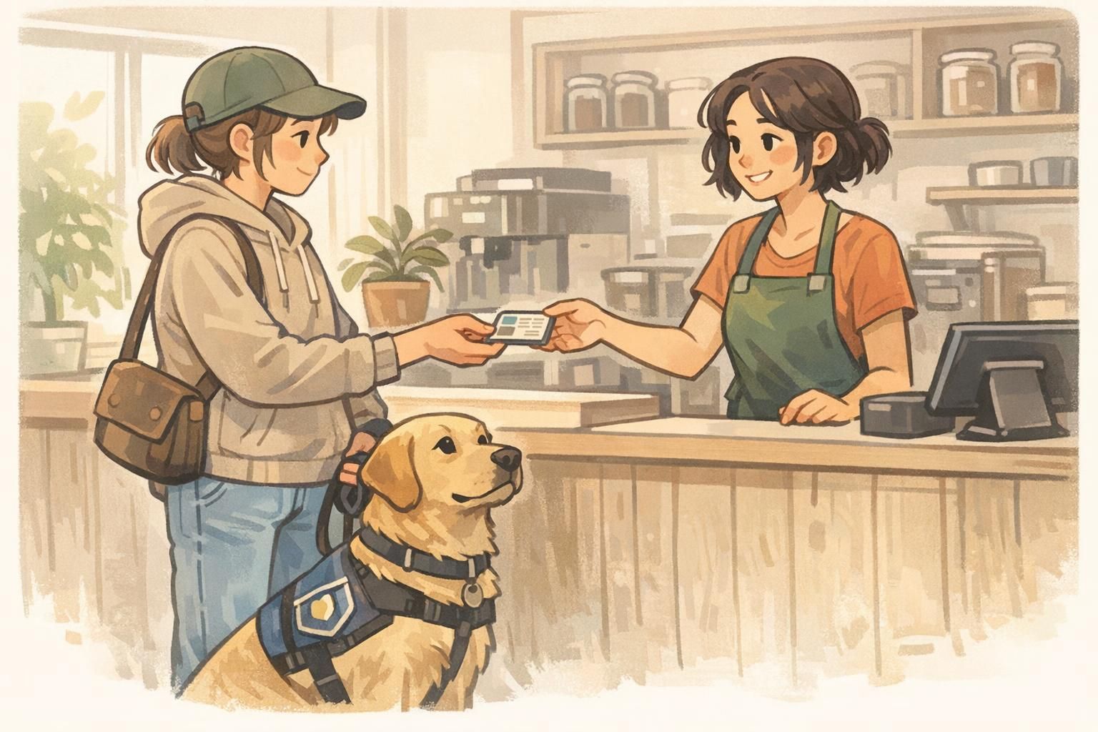 A handler calmly offers a small ADA informational card to a store employee while their service dog stands politely at heel.