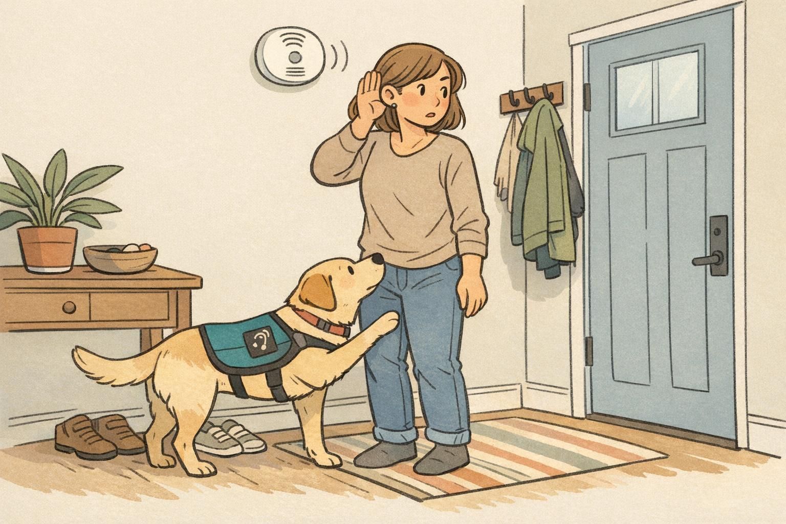 A hearing service dog gently touches an adult's leg inside a home entryway to signal an audible alert, illustrating a sound-notification behavior.