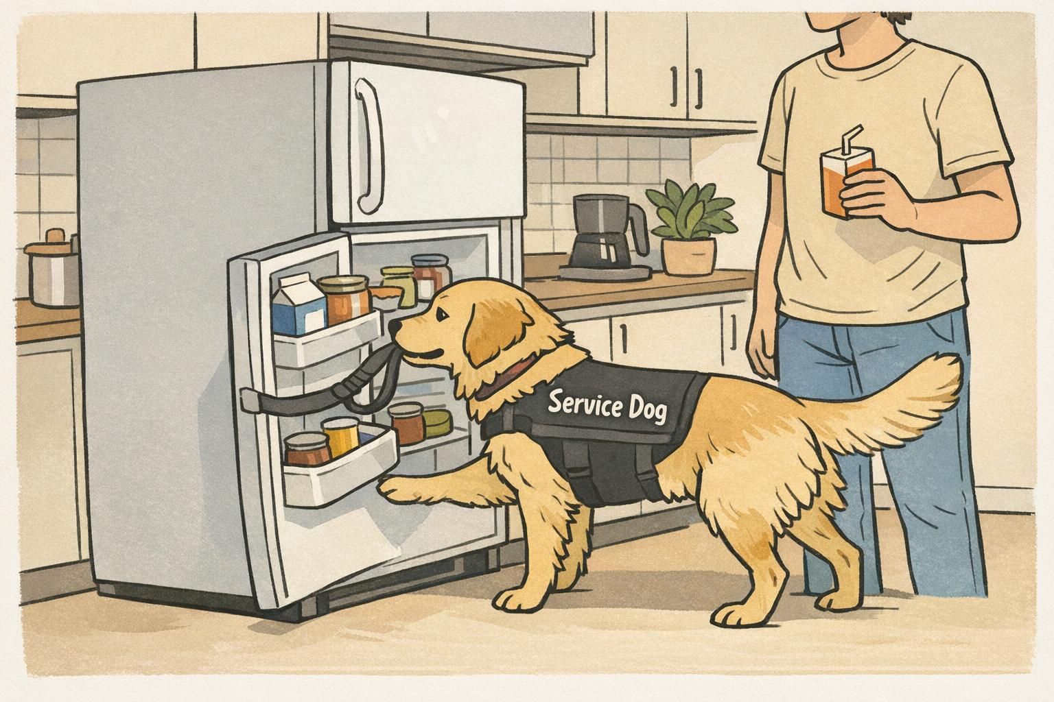 In a home kitchen, a service dog opens a refrigerator and delivers a small juice carton to its handler, demonstrating timely retrieval for a medical response.