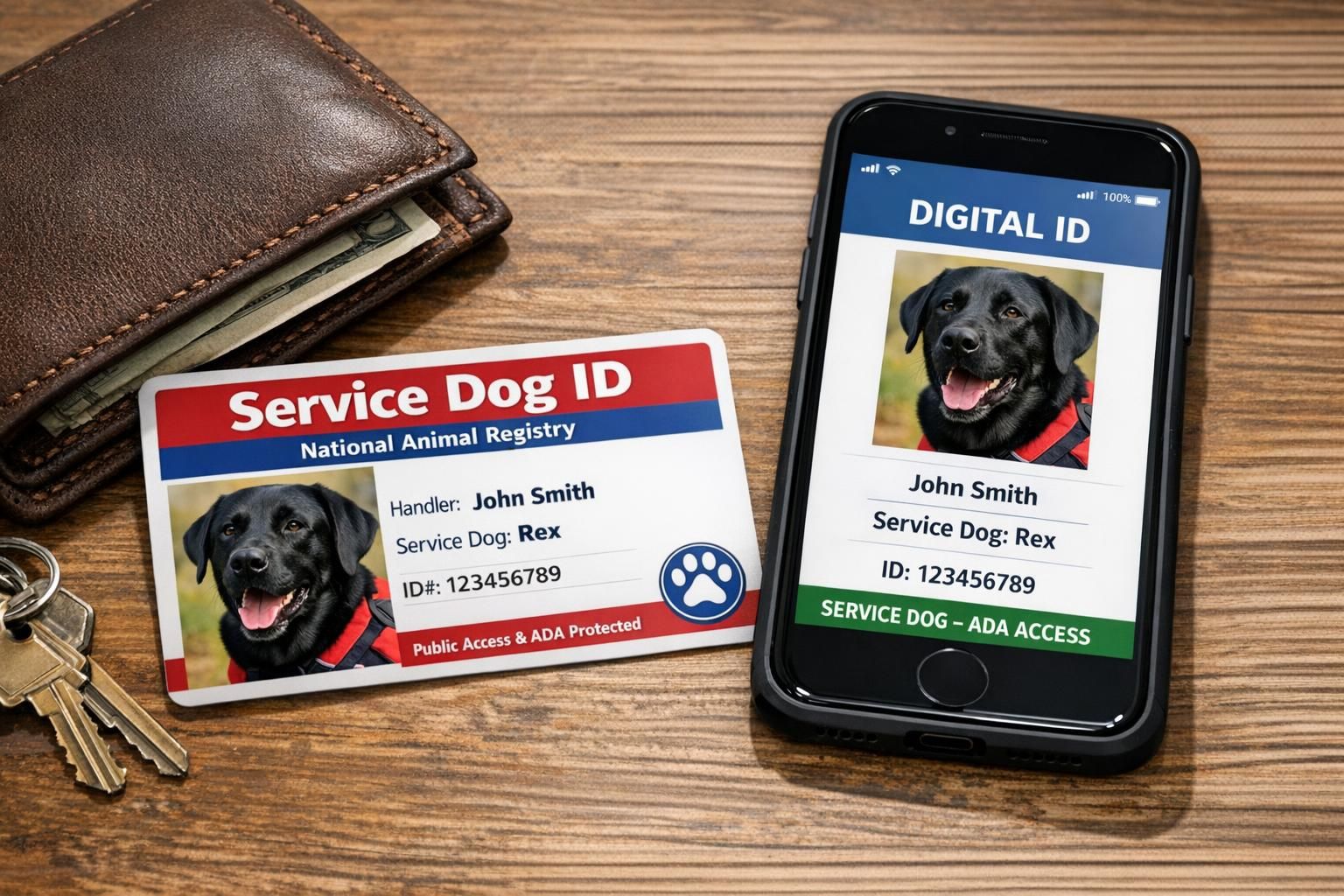 Close-up of a wallet, printed service dog ID card, and a phone displaying a digital ID page to illustrate handy identification options.