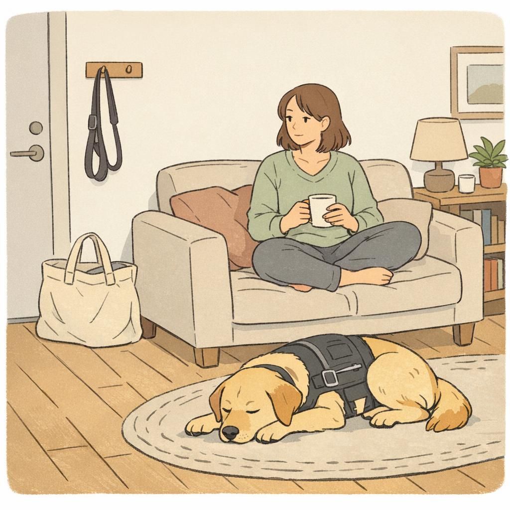An adult sits on a sofa while a calm sensory support service dog rests nearby, conveying a peaceful home routine and steady handler-dog connection.