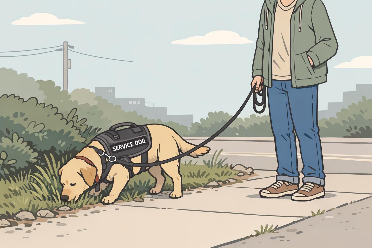 A service dog sniffs grass during a quiet sidewalk decompression walk while the handler stands nearby, demonstrating restorative off-duty time outdoors.