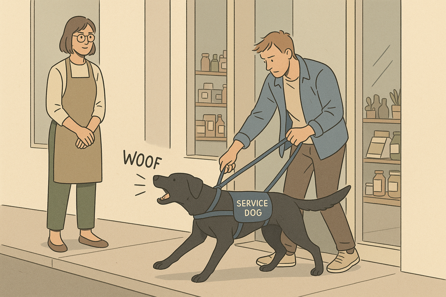 Service dog pulling toward a display while the handler regains control and steps outside to settle the animal, staff observing from a distance.