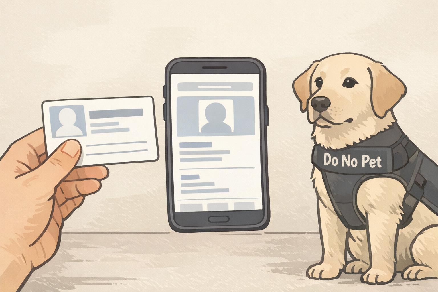 Close-up of a printed service dog ID card held next to a phone displaying a digital profile, with the service dog seated nearby wearing a visible working vest.