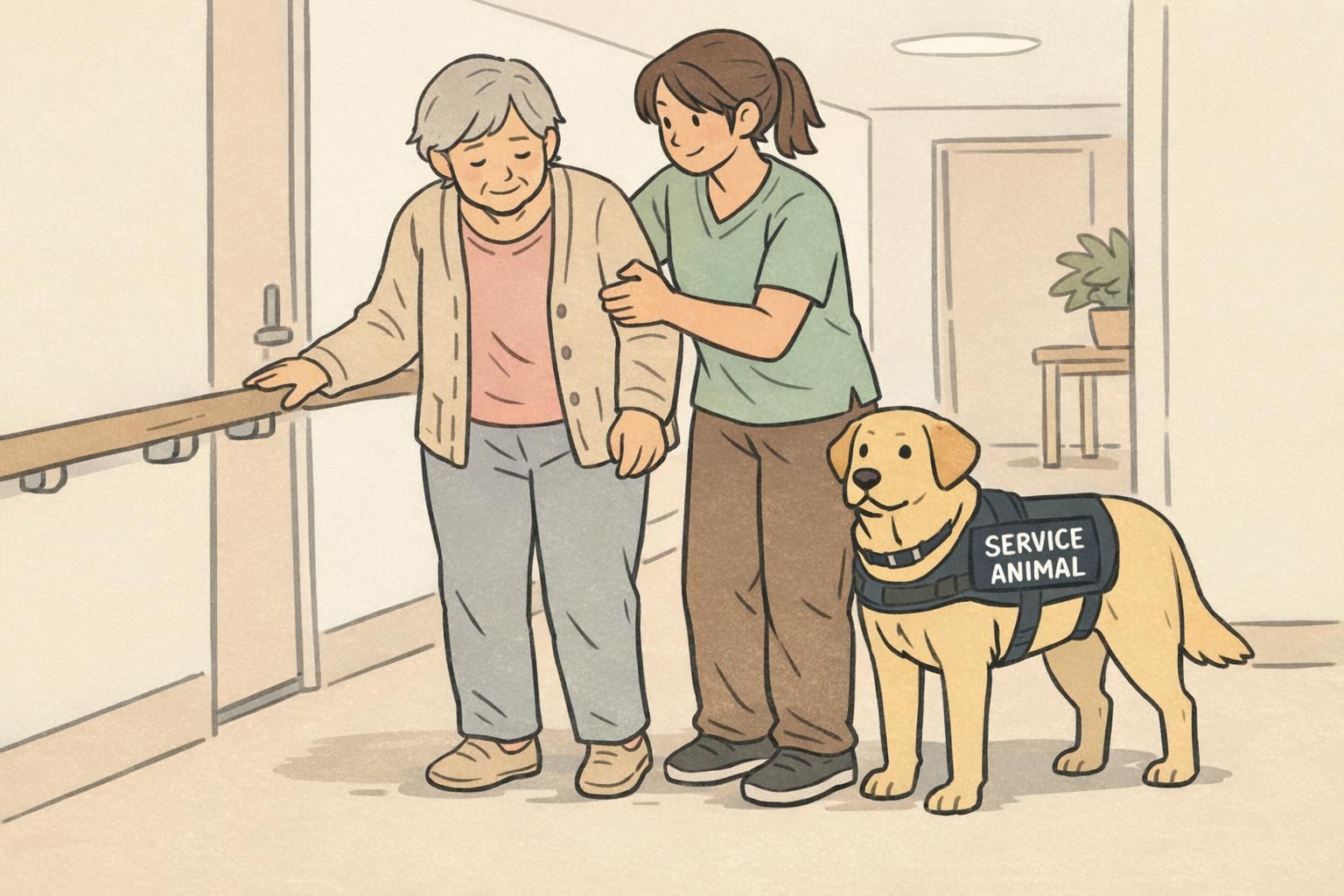 A caregiver assists a senior to stand in a hallway while a service dog stands steady at their side, offering mobility support and confidence during movement.