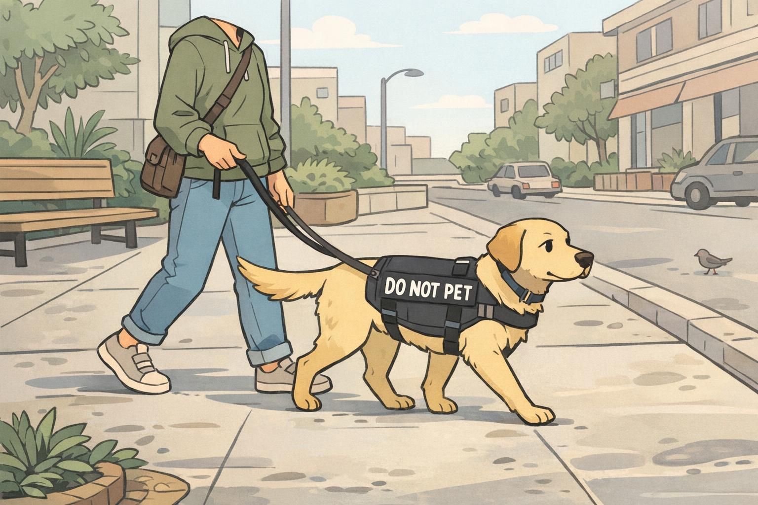 A handler practices loose-leash walking with a service dog wearing a 'Do Not Pet' vest along a sidewalk, showing confident, controlled public behavior.