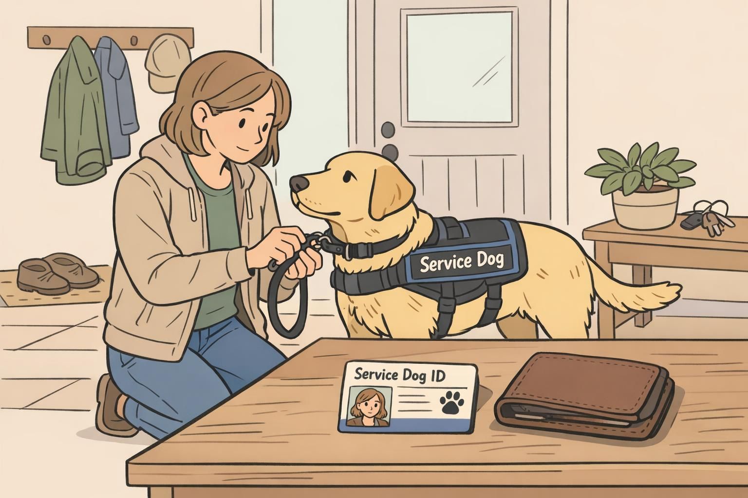 A handler clips a leash on a service dog in a home entryway and places a small ID card on a table, preparing for an outing with organized identification and access materials.