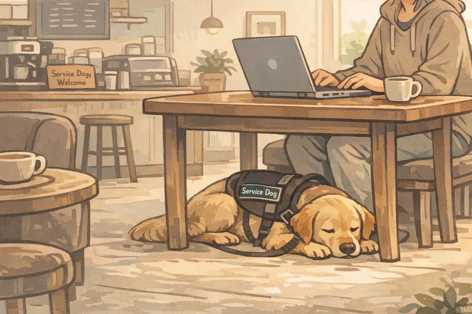 A calm service dog lies tucked under a coffee shop table beside its handler working on a laptop, with a visible 'Service Dogs Welcome' sign.