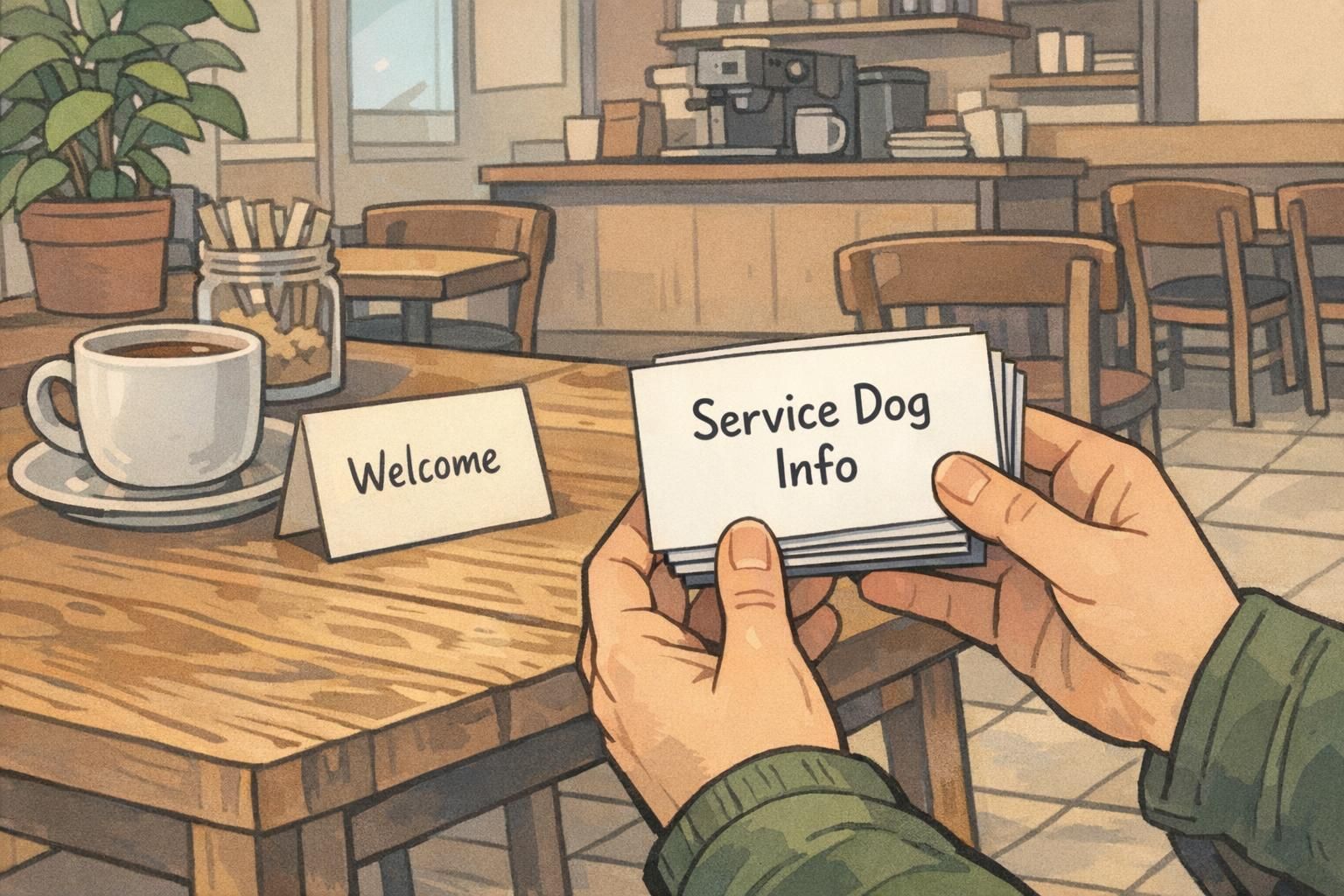 Quiet coffee shop scene showing a handler holding wallet-sized service dog information cards used to share concise identification and maintain the dog's focus.