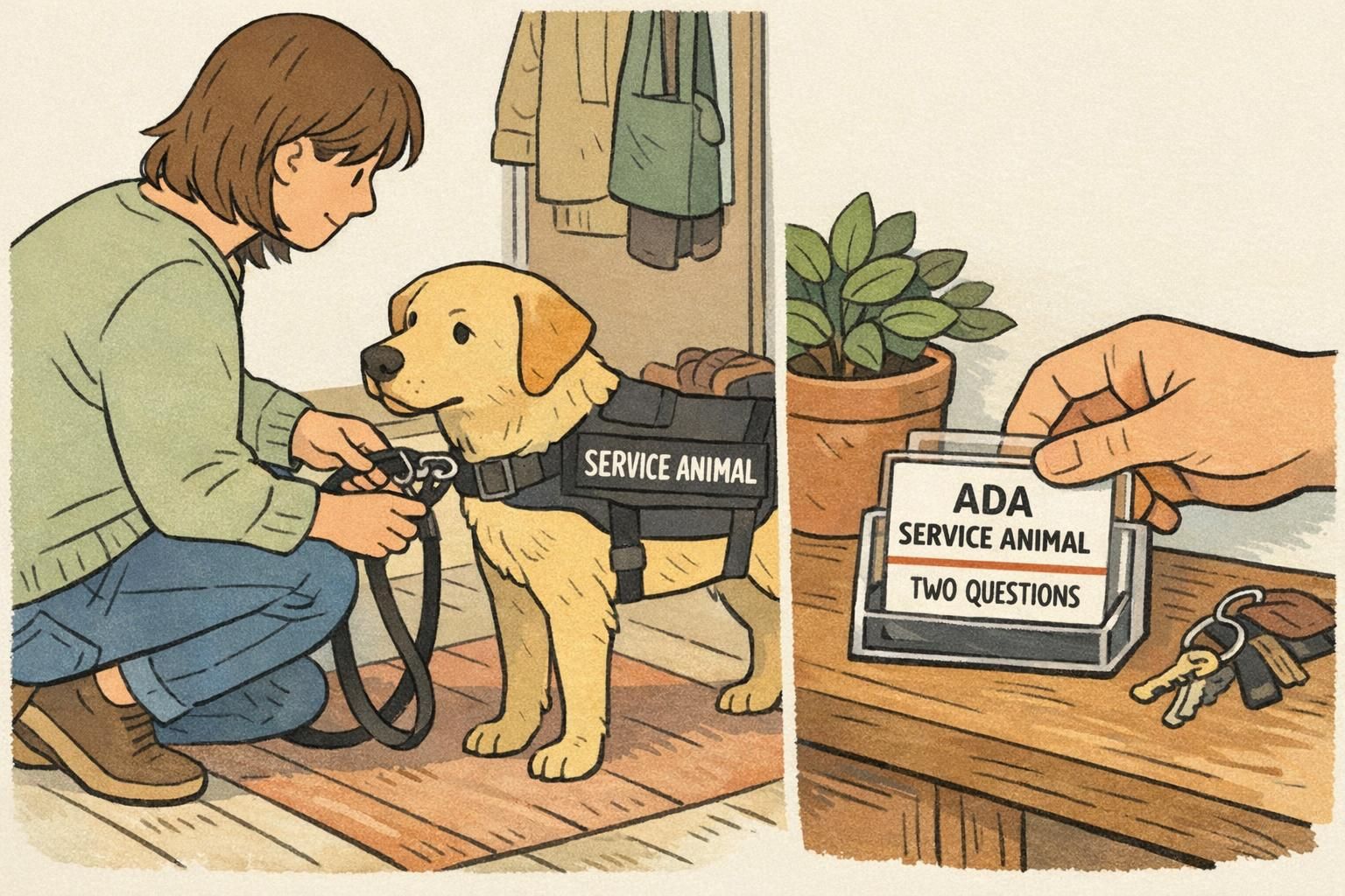 Handler clips a leash onto a service dog while holding a compact ADA card that summarizes the dog’s working role and the two-question public access guidance.