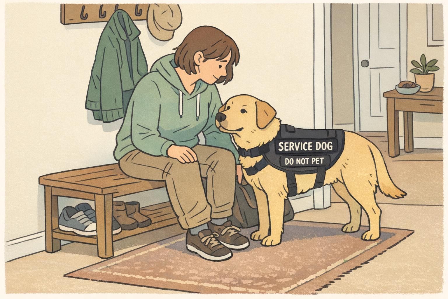 A service dog wearing a vest stands close as its handler pauses to sit on a hallway bench, demonstrating fall-prevention and pause-for-safety behavior.