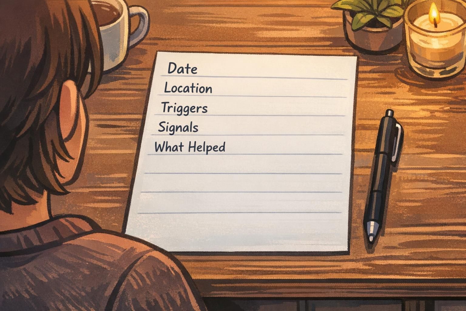 Over-the-shoulder view of a simple paper stress log beside a pen, showing fields for date, triggers, observed signals, and what helped recovery.