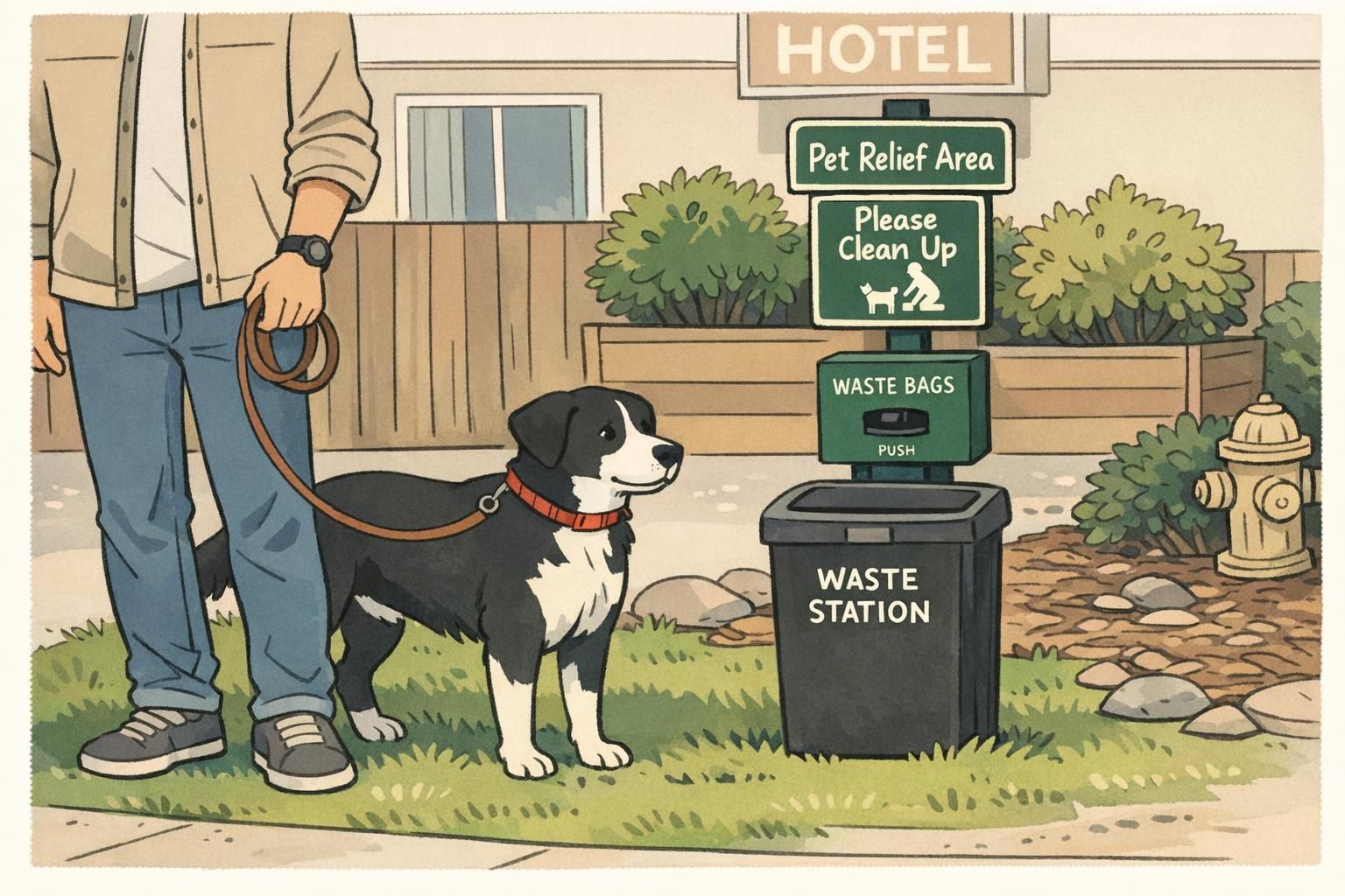 Hotel outdoor pet relief area with a leashed dog near a waste station and a clear Pet Relief Area sign, showing where to take animals responsibly.