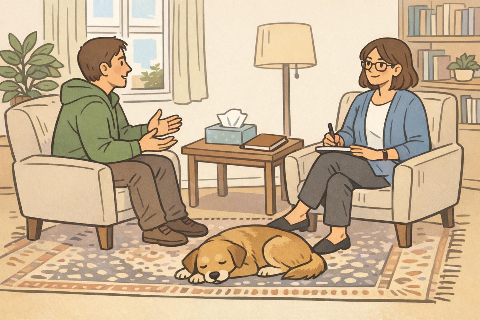 A therapy office scene showing an adult speaking with a clinician while a calm dog lies on the rug between them, illustrating a support animal present during care.