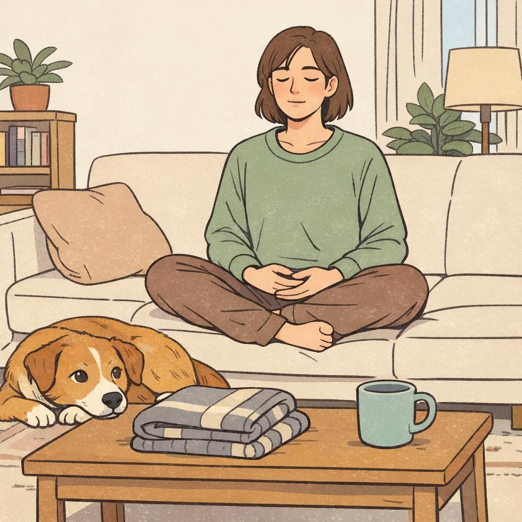 A person practices slow breathing on a sofa while a medium-sized dog rests nearby, conveying calm companionship and support during a mental health routine.
