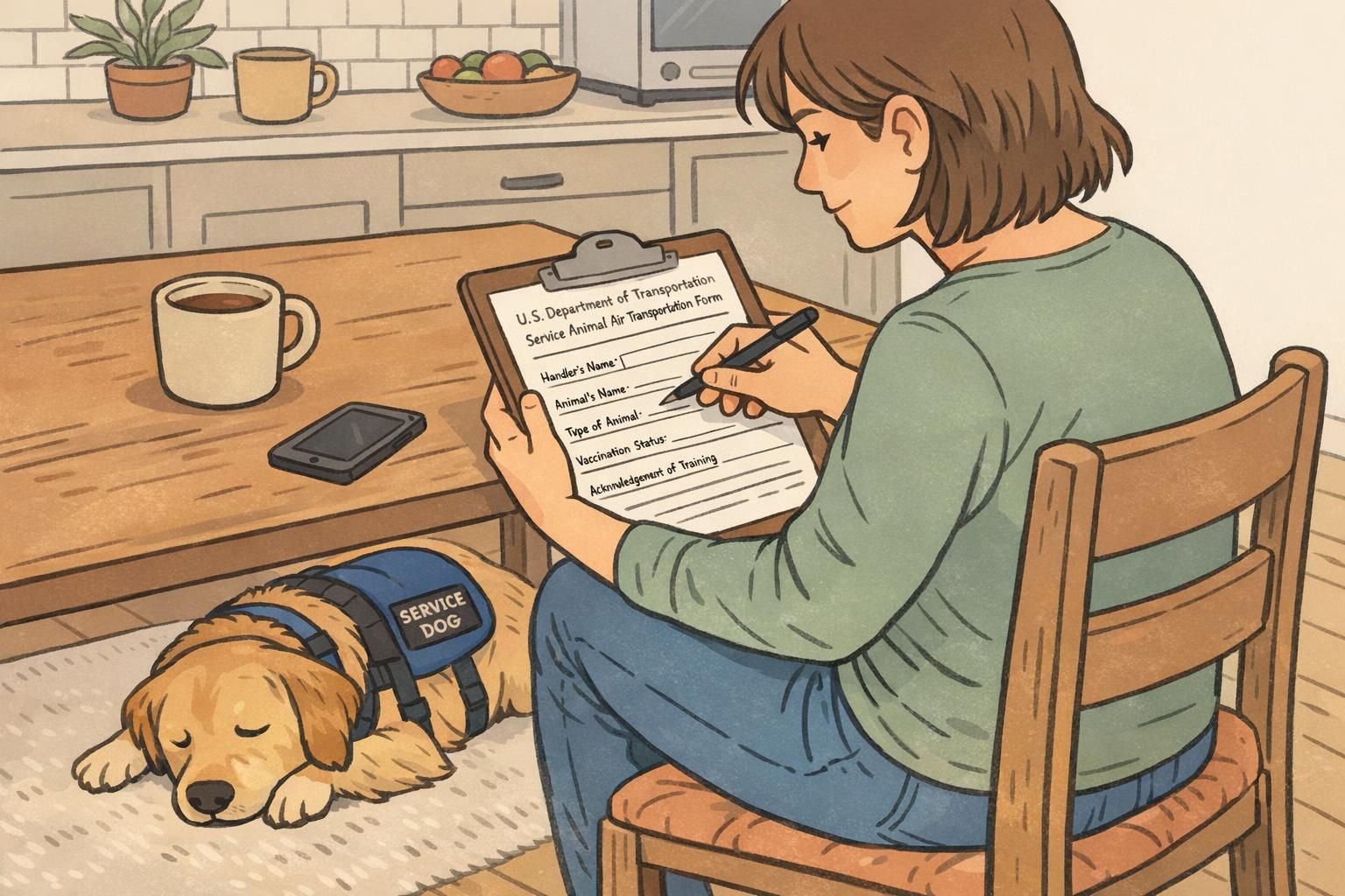 Person completing a DOT service animal transportation form at a kitchen table while a calm service dog lies nearby.