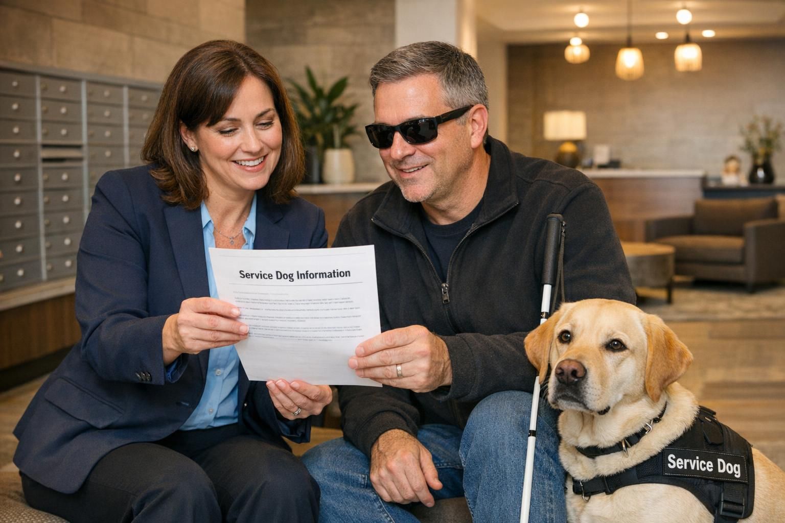 A property manager and a handler review a single service dog information sheet together in an apartment lobby, showing housing verification.