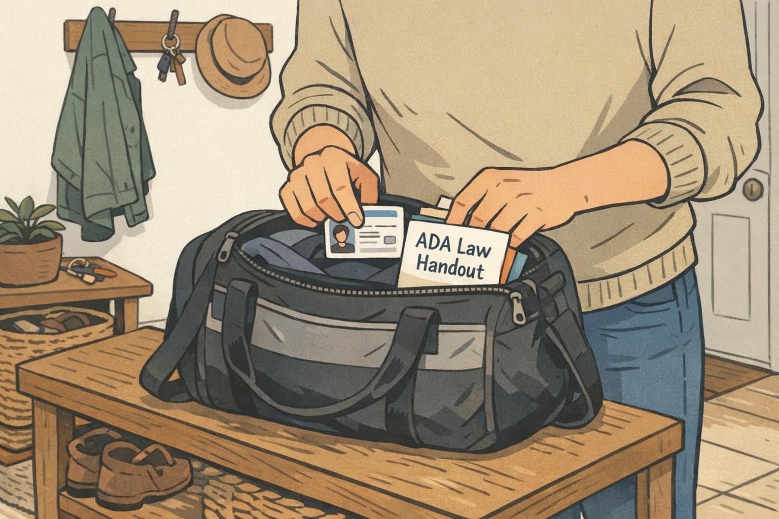 An adult packing a travel pouch and placing printed ID cards and informational handouts inside, demonstrating pre-trip organization for public access.