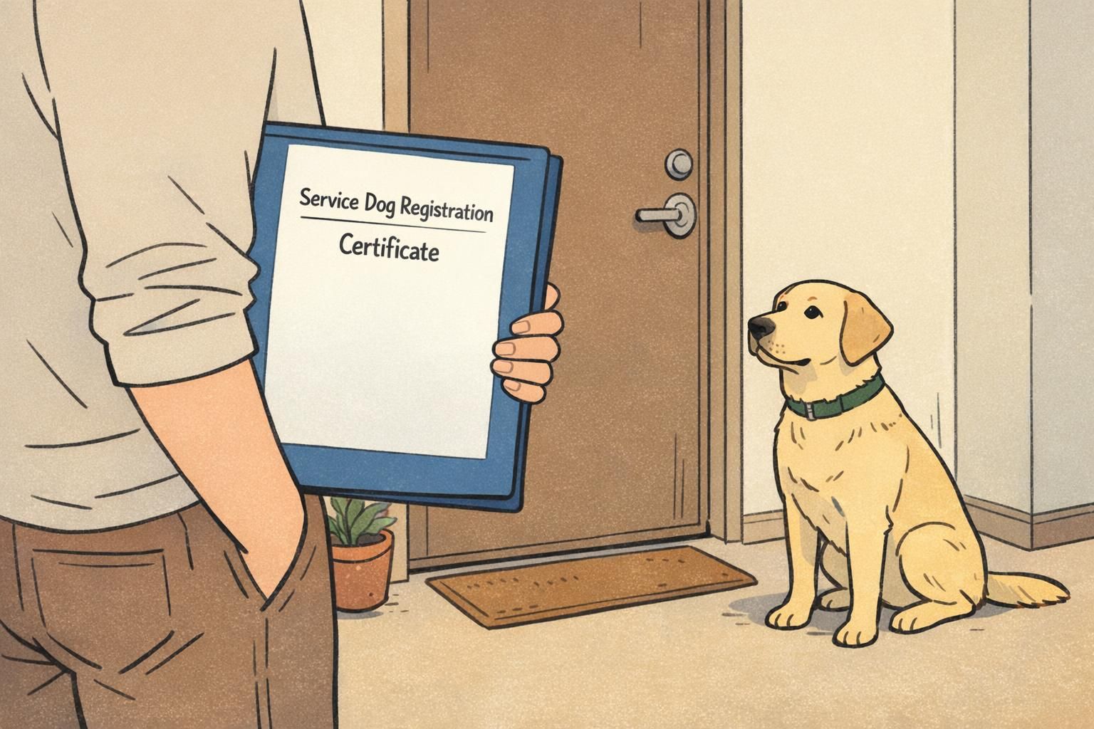 Handler holding a neat folder marked service dog registration and certificate in an apartment hallway with their calm dog sitting nearby.