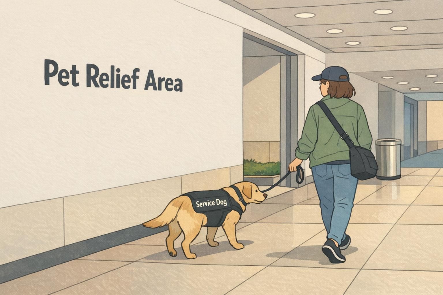 A handler walking a calm service dog through an airport pet relief hallway toward a designated relief area sign.