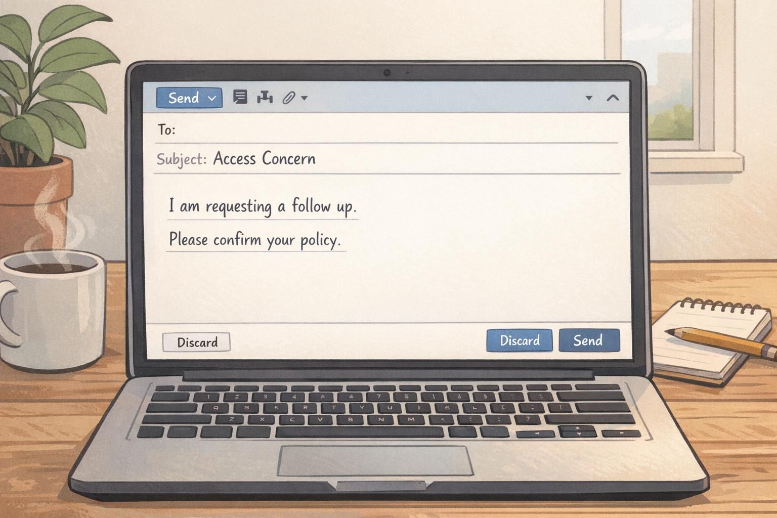 A laptop screen showing an email draft with the subject 'Access Concern' as a handler prepares a concise, factual written follow-up.