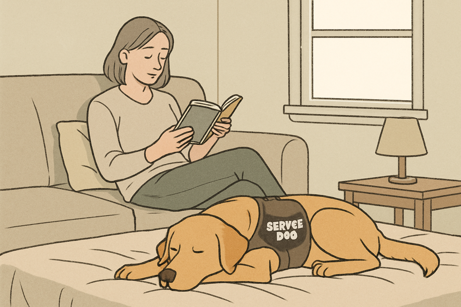 Handler taking a restful break on the couch while the service dog relaxes on a nearby bed, illustrating the importance of downtime and recovery for team wellbeing.