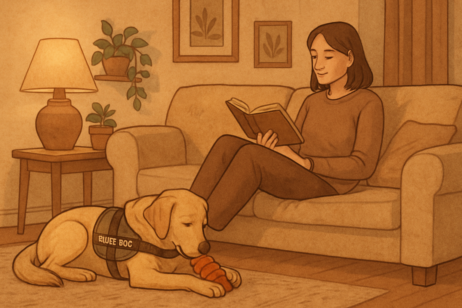 Evening downtime with the handler reading on the couch while the service dog enjoys a puzzle toy nearby, relaxed and off-duty.