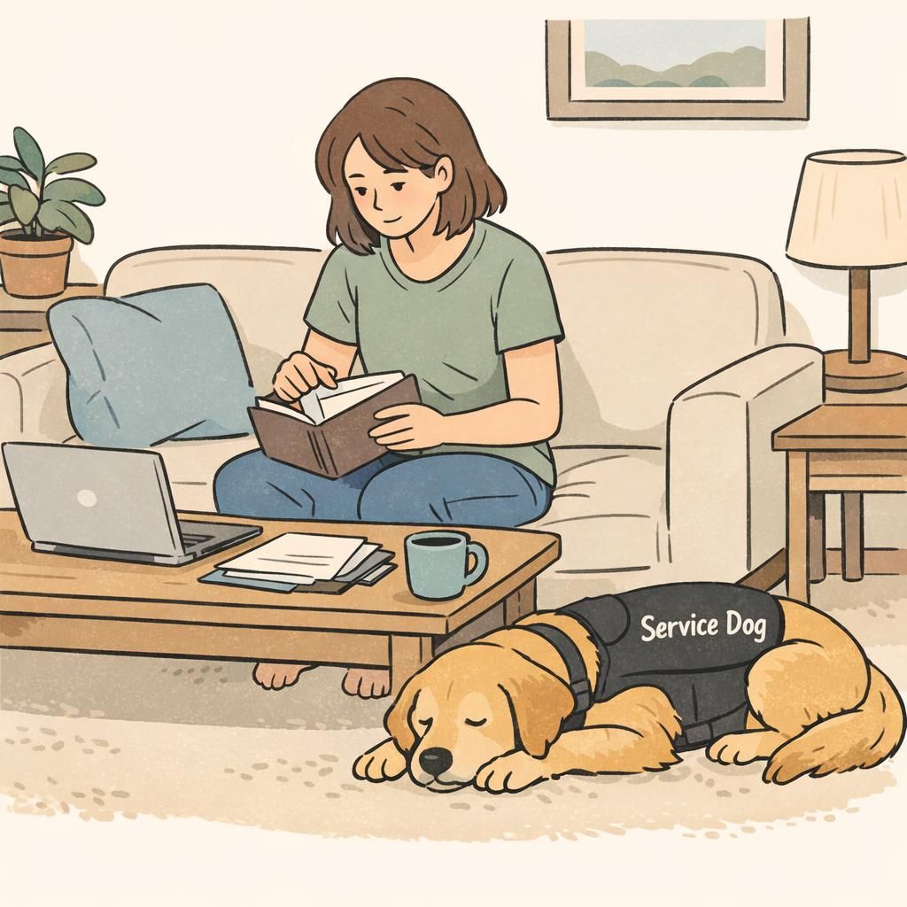 A dog owner organizes service dog records on a laptop and in a folder in a calm living room while their service dog rests nearby wearing an identifying vest.