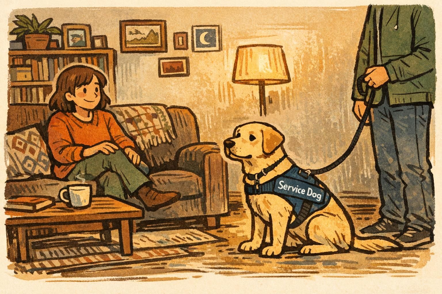 A family member sits on a couch as the handler holds a calm service dog on leash at a comfortable distance during a structured home introduction.