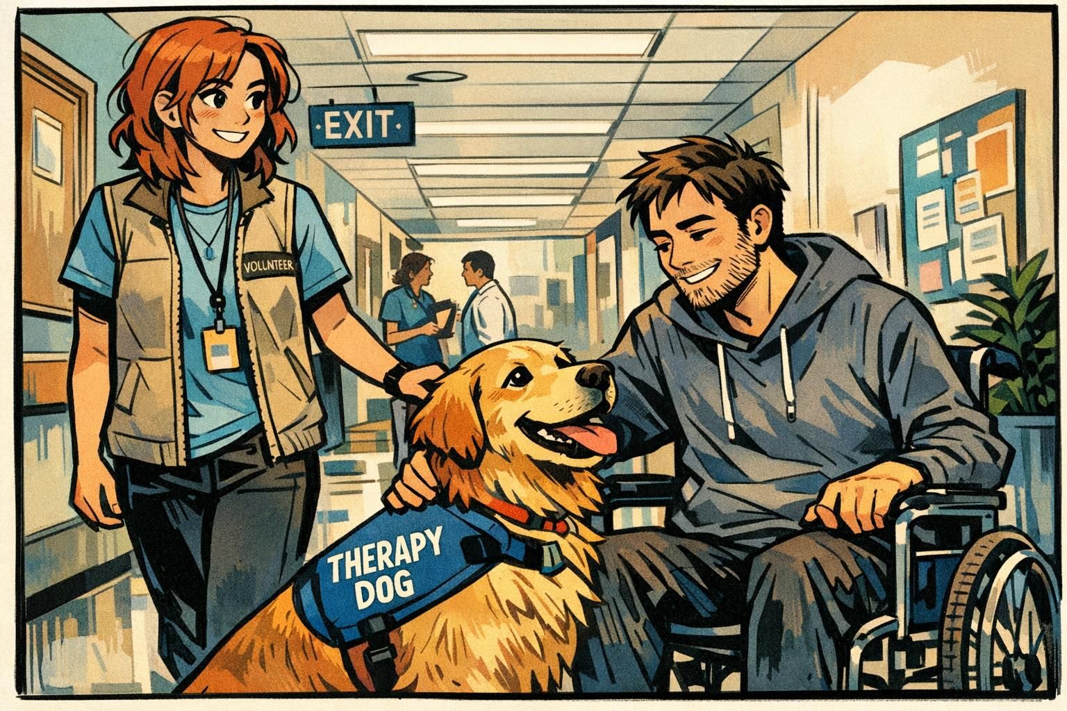 A therapy dog visits a hospital corridor, sitting near a patient in a wheelchair while a volunteer handler facilitates a gentle interaction.